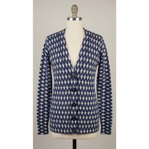 Tory Burch Geometric Print Wool Cardigan Blue Sz Small Old Money Preppy